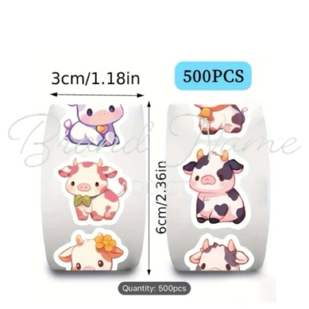 PRICE IS FIRM - Roll of 500 Baby Cow Small Stickers - 10 Different Designs - Picture 3 of 3